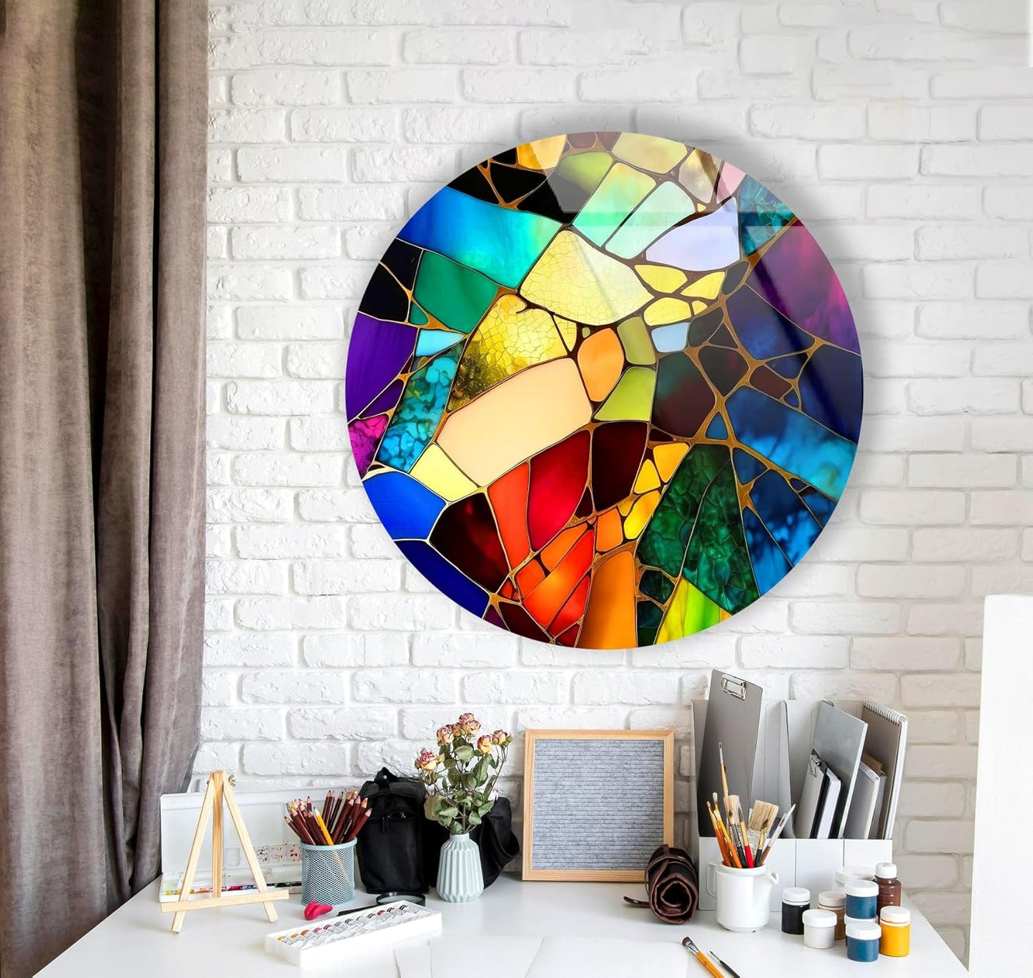 My Photostation.com 10''(25cm) Diameter Multicolor Round Stained Glass Wall Art Vibrant Mosaic Abstract Panel Tempered Glass Printing Wall Decor Large Wall Art Wall Hangings