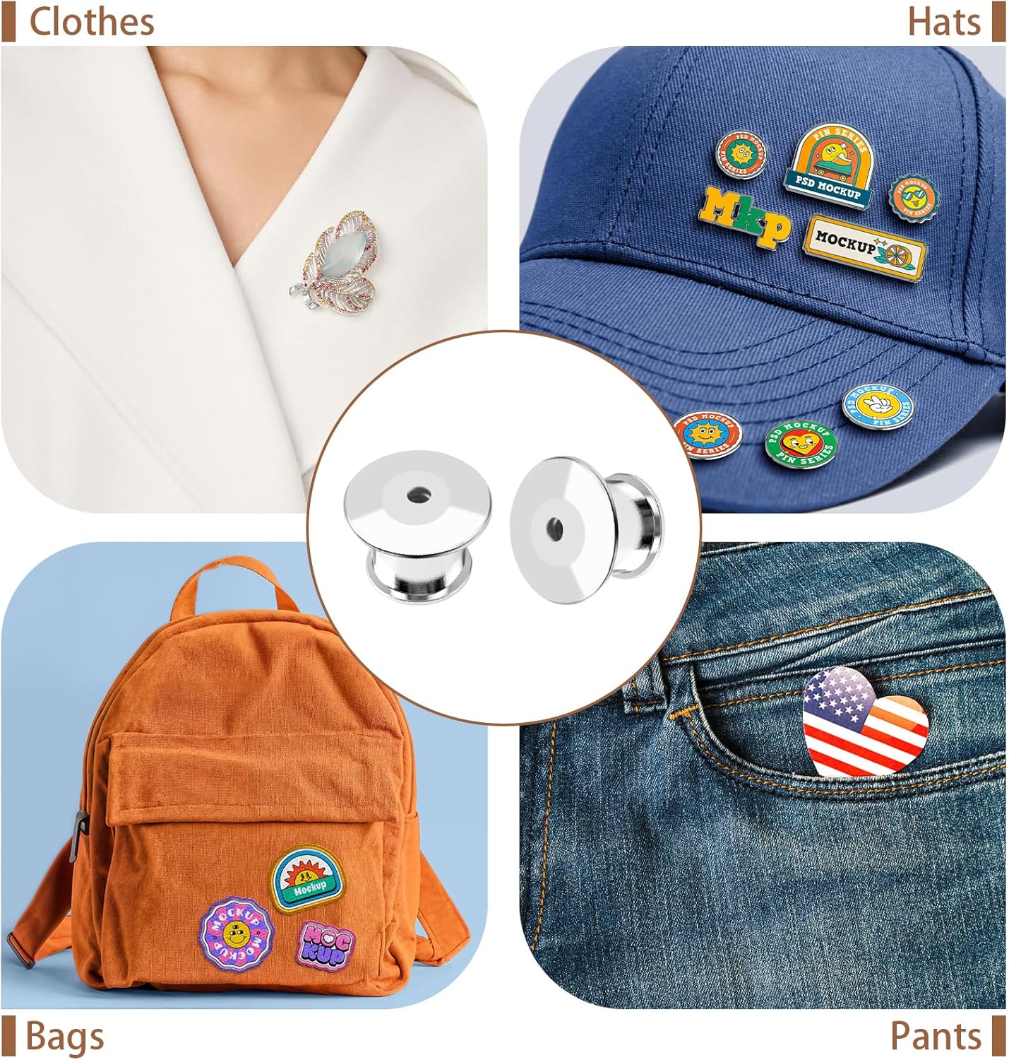 70 PCS Locking Pin Backs, Metal Pin Locks Locking Pin Keeper Clasp for Enamel Pins, Secure Pin Backings for Badge, Collectibles, Clothes Brooch Lapel (Silver)