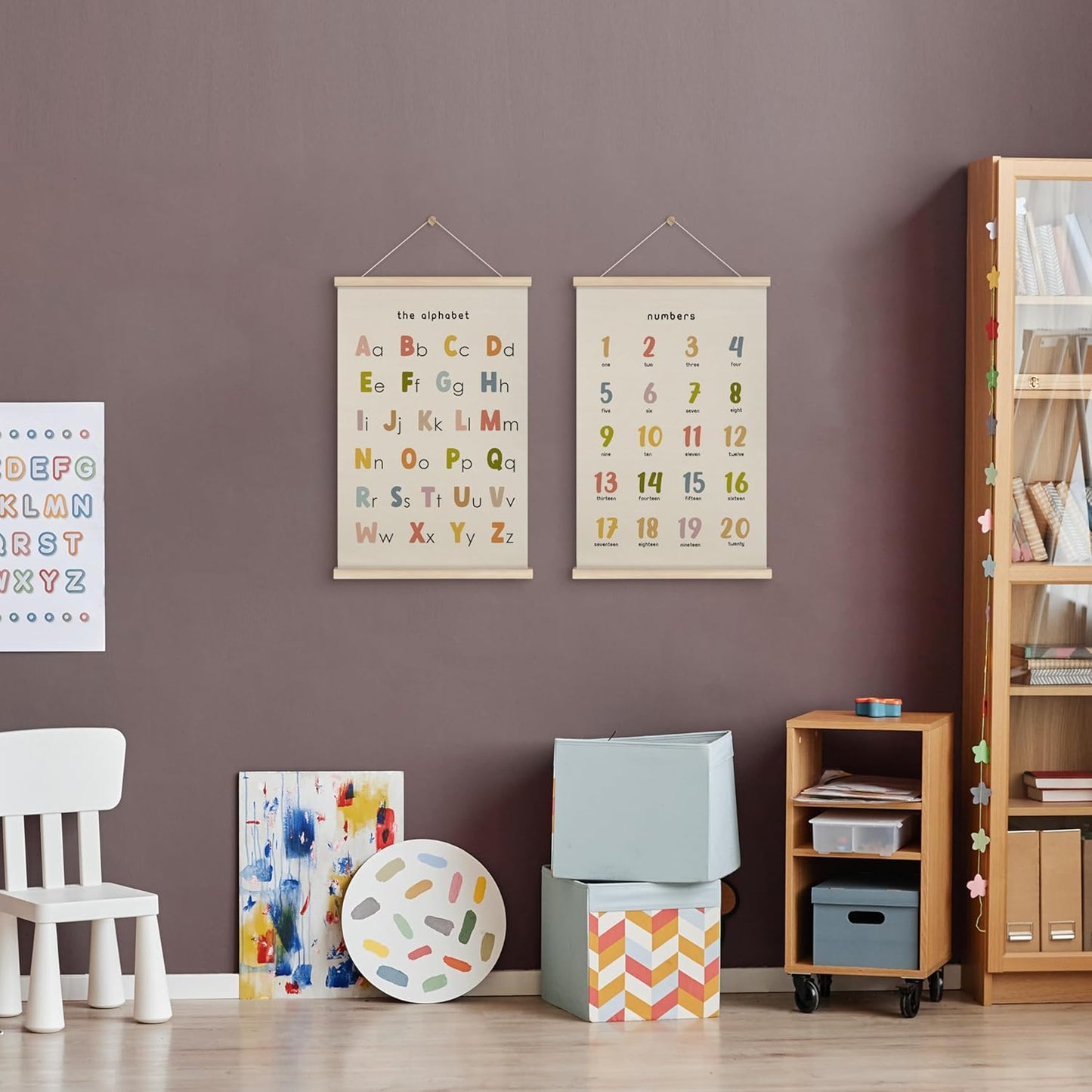 HRQKO Boho Alphabet Numbers Poster Hanger Frame Set of 2, Classroom Wall Decor, Abc Poster Wall Art with Wooden Frames, Alphabet Banner Wall Hanging Decor for Toddler Playroom Nursery, 16x24 inch