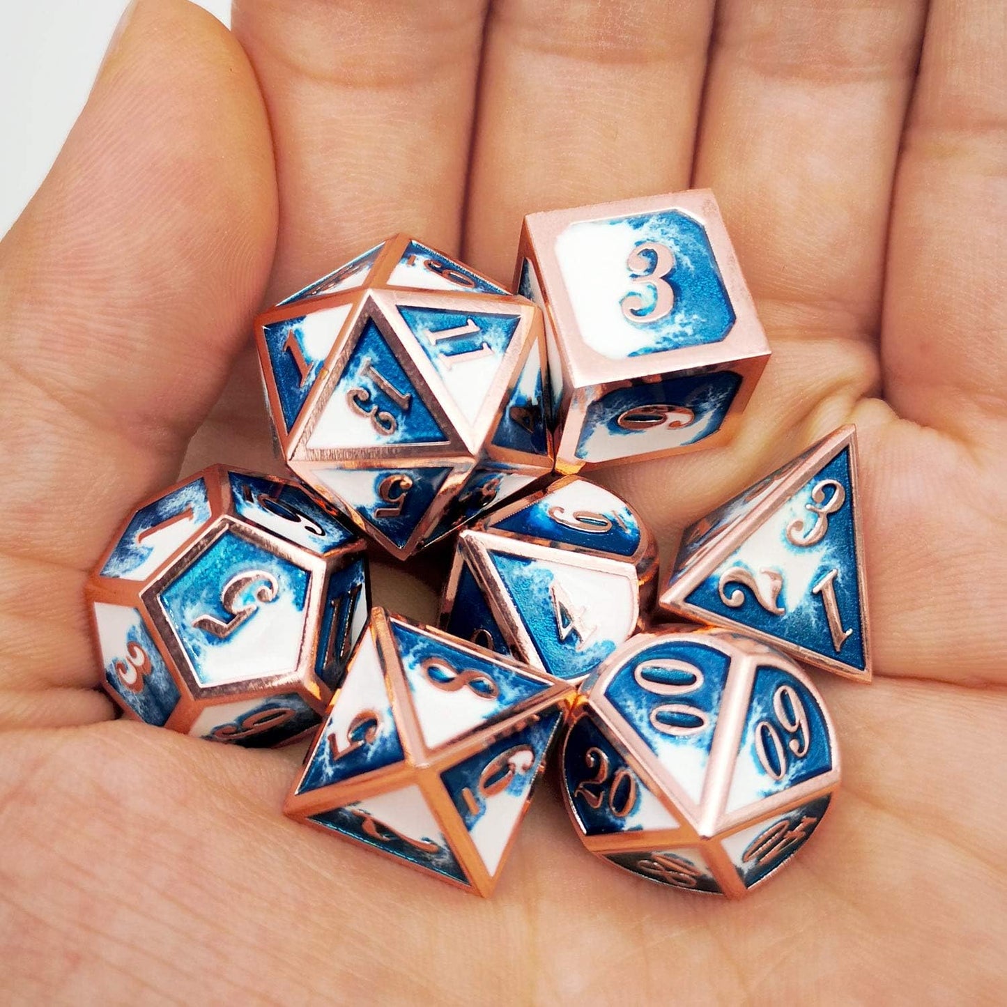 Haxtec Metal DND Dice Set Copper Blue White D&D Dice with Leather Dice Bag Compatible with Dungeons and Dragons RPG-Ice Dragon Bait