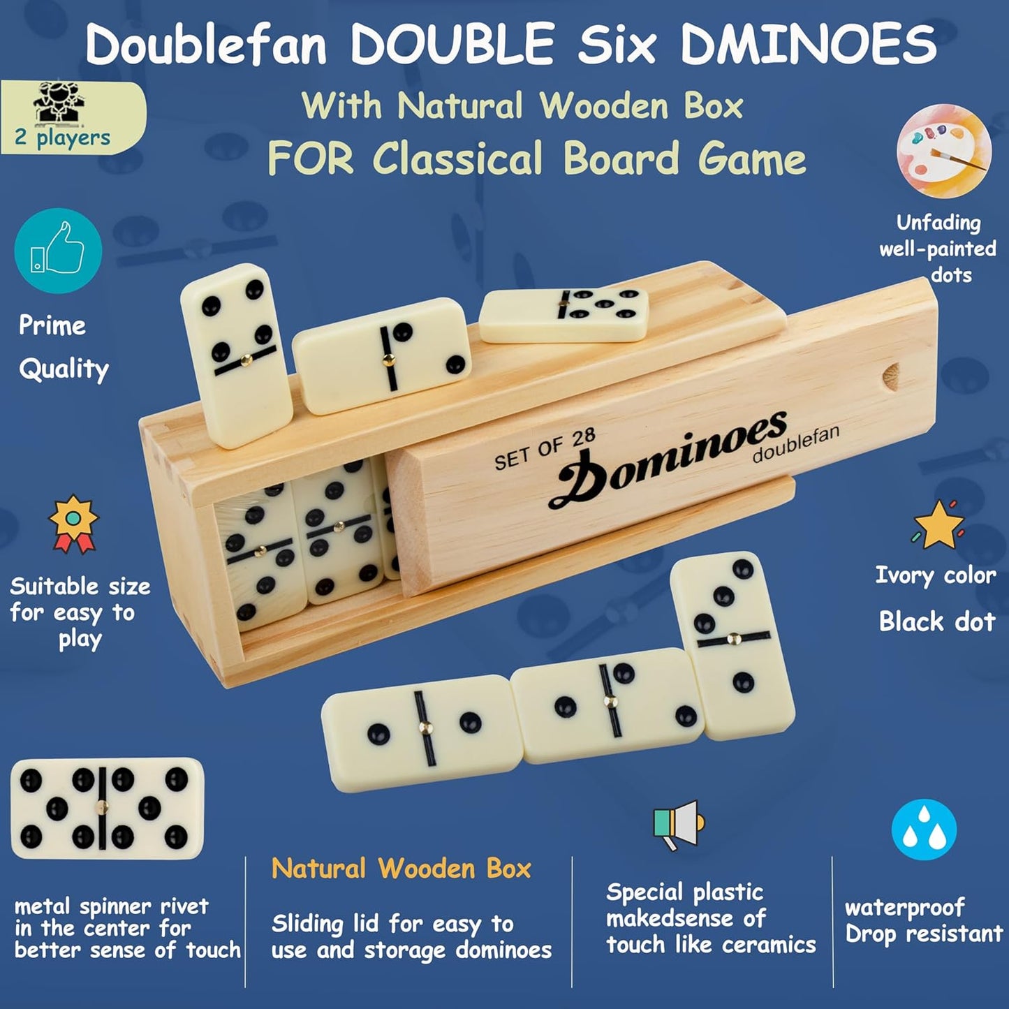 Dominos Set for Adults, Double 6 Domino Game, Double Six Standard Domino with Natural Wooden Box, 28 Tiles,Tradditional Board Game for Adults and Elderly.