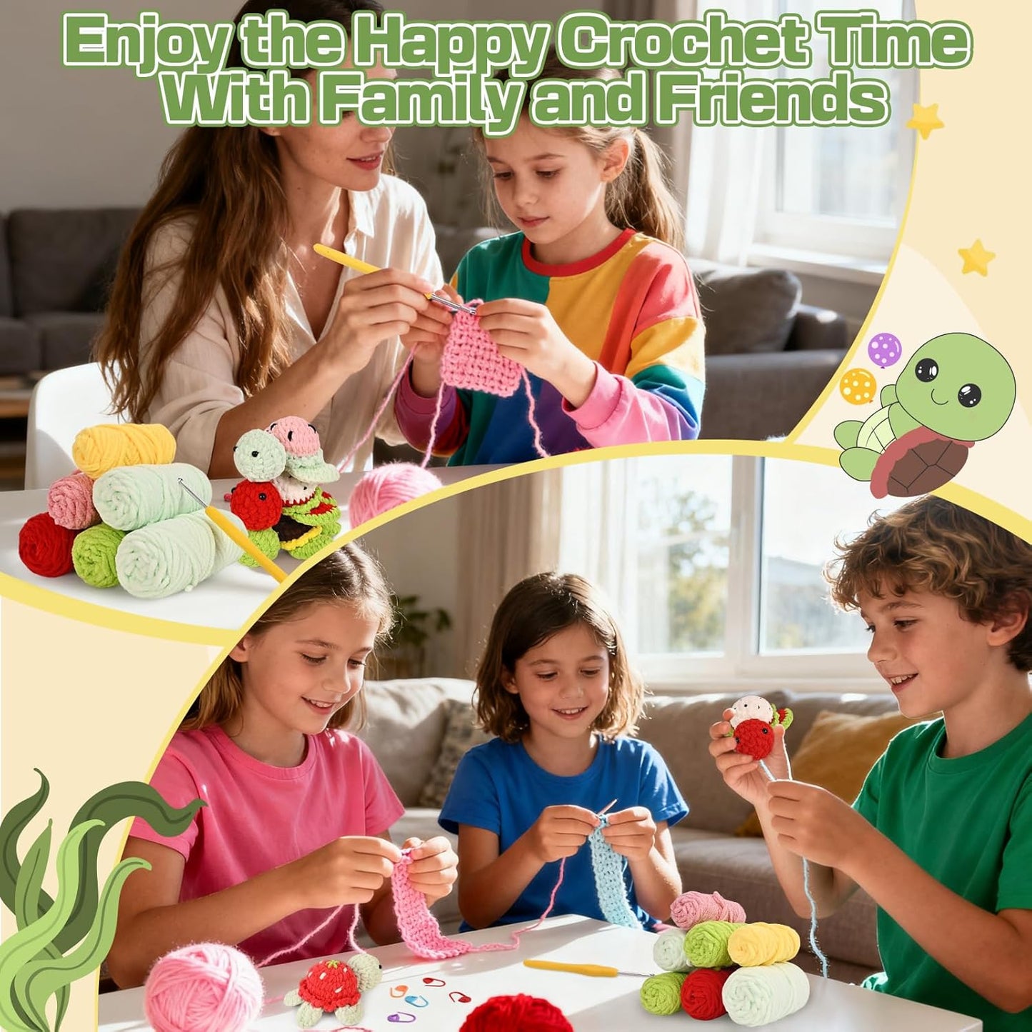 DetFinns Crochet Kit for Beginners, Crochet Starter Kits with Step-by-Step Video Tutorials, DIY Craft Kits Knitting Supplies for Kids, Adults, Beginners, 5 Packs Turtle Party (40%+ Yarn)