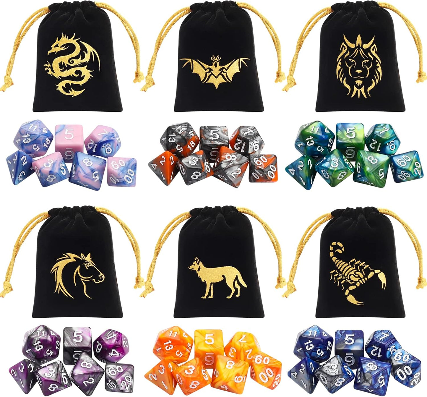 CiaraQ DND Polyhedral Dice Set (42pcs) with 6 Gold Pattern Drawstring Pouches for Dungeons and Dragons RPG MTG Table Games. 6 X 7 Double-Colors Dice Sets (D4 D6 D8 D10 D% D12 D20)