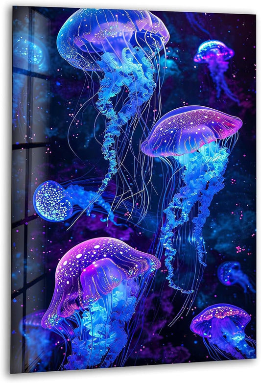My Photostation.com 27Wx43H'' Glowing Jellyfish Glass Wall Art Tempered Glass Printing Wall Decor Large Wall Art Wall Hangings