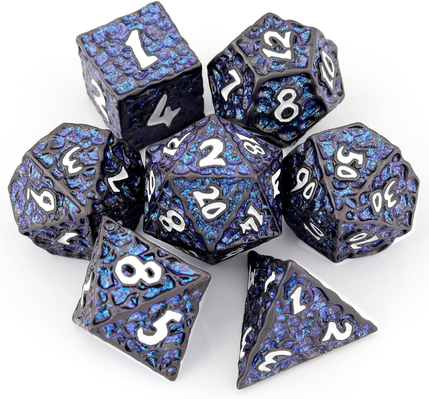 Haxtec Metal DND Dice Set Polyhedral D&D Dice Compatible with Dungeons and Dragons Gift TTRPG Black Blue Glitter Metal Dice