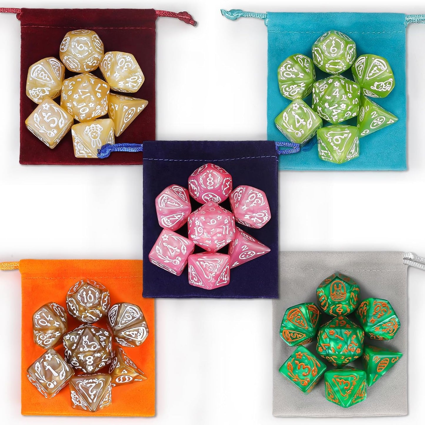 CiaraQ Polyhedral Dice Set, 5 Colors with 5 Decorative Pouches, 7 Pieces per Set, Fantasy RPG Gaming Dice/DND Dice/Role Playing Dice, Easter Themed