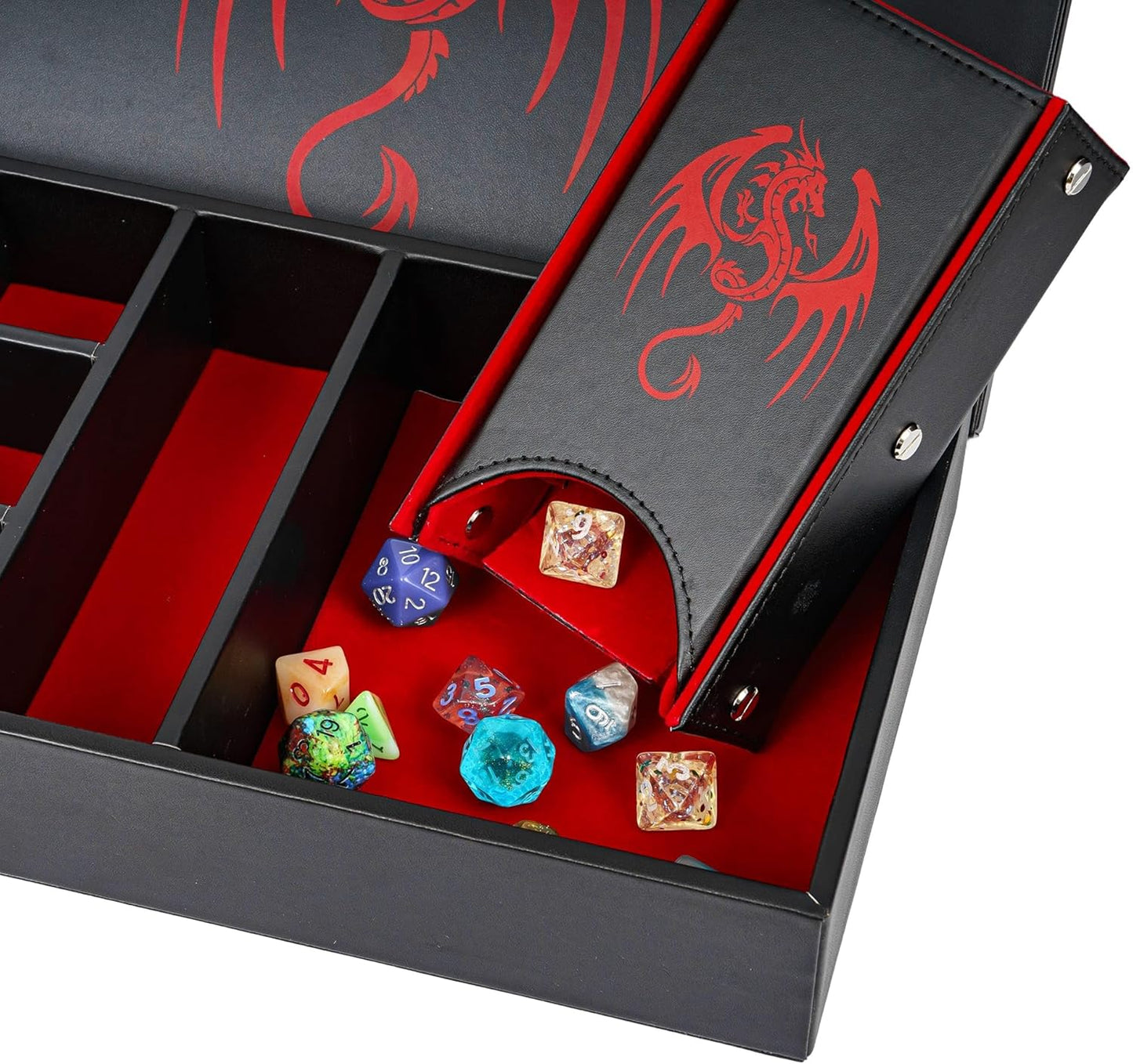 4 in 1 D&D Storage Dice Box Portable Rolling Tray and Dice Tower, Leather DND Holder Case for Role Playing Games Table Games - Red