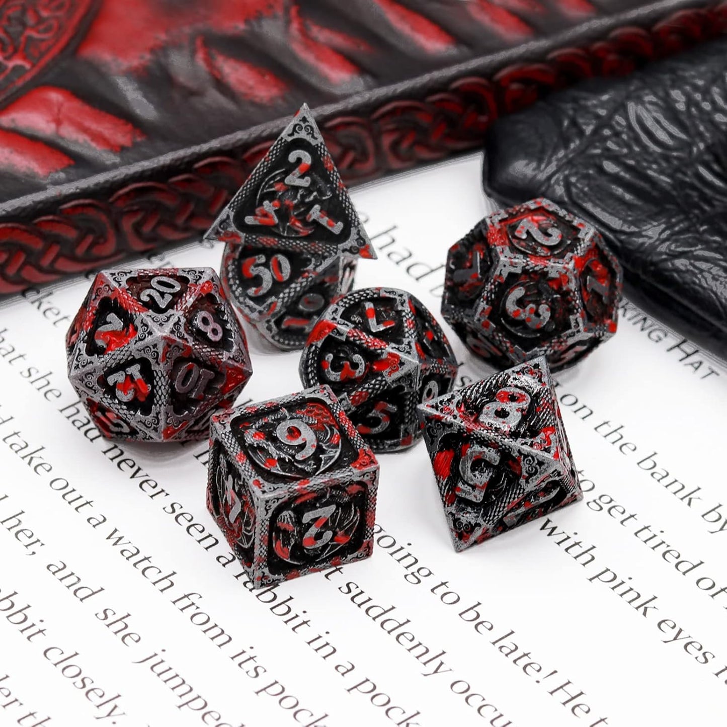 Haxtec Bloodstained Metal DND Dice Set Antique Iron Blood D&D Dice Set Dragon Scale with Leather Dice Bag Bloodsplattered Metal Polyhedral Dice Compatible with Dungeons and Dragons TTRPG Gifts