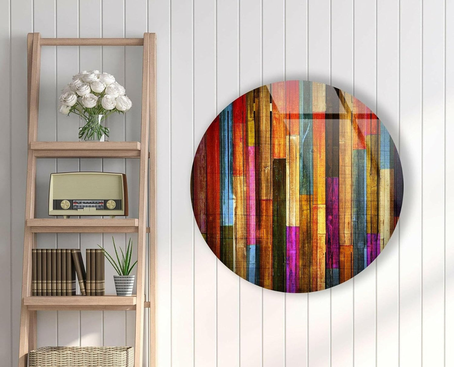 My Photostation.com 20''(50cm) Diameter Colorful Wood Pattern Round Glass Wall Art Tempered Glass Printing Wall Decor Large Wall Art Wall Hangings