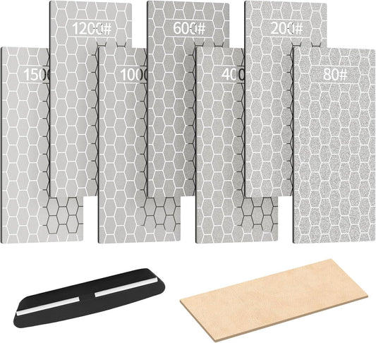 9PCS Diamond Sharpening Stones, Kalolary Knife Sharpener Stone Grit Diamond Sharpener Plate with Angle Guide Leather Strop Non-slip Base for Kitchen Outdoor Knife (80/200/400/600/1000/1200/1500 Grit)