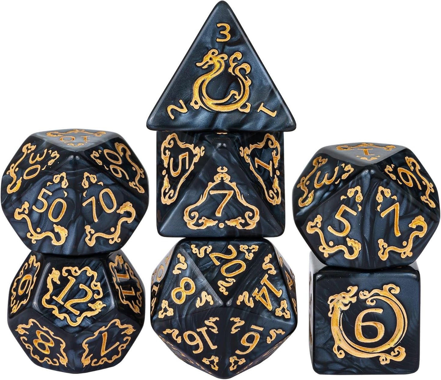 7-Die DND Dice Set Dragon Pattern Polyhedral Die with Leather Bag D&D Dice Set for RPG Table Games (Black W/Gold Dragon Pattern)