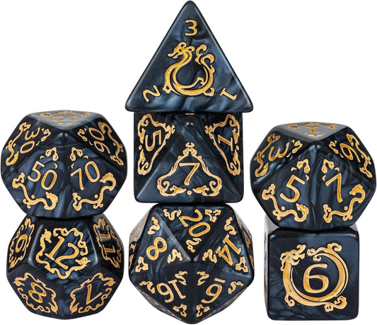 7-Die DND Dice Set Dragon Pattern Polyhedral Die with Leather Bag D&D Dice Set for RPG Table Games (Black W/Gold Dragon Pattern)