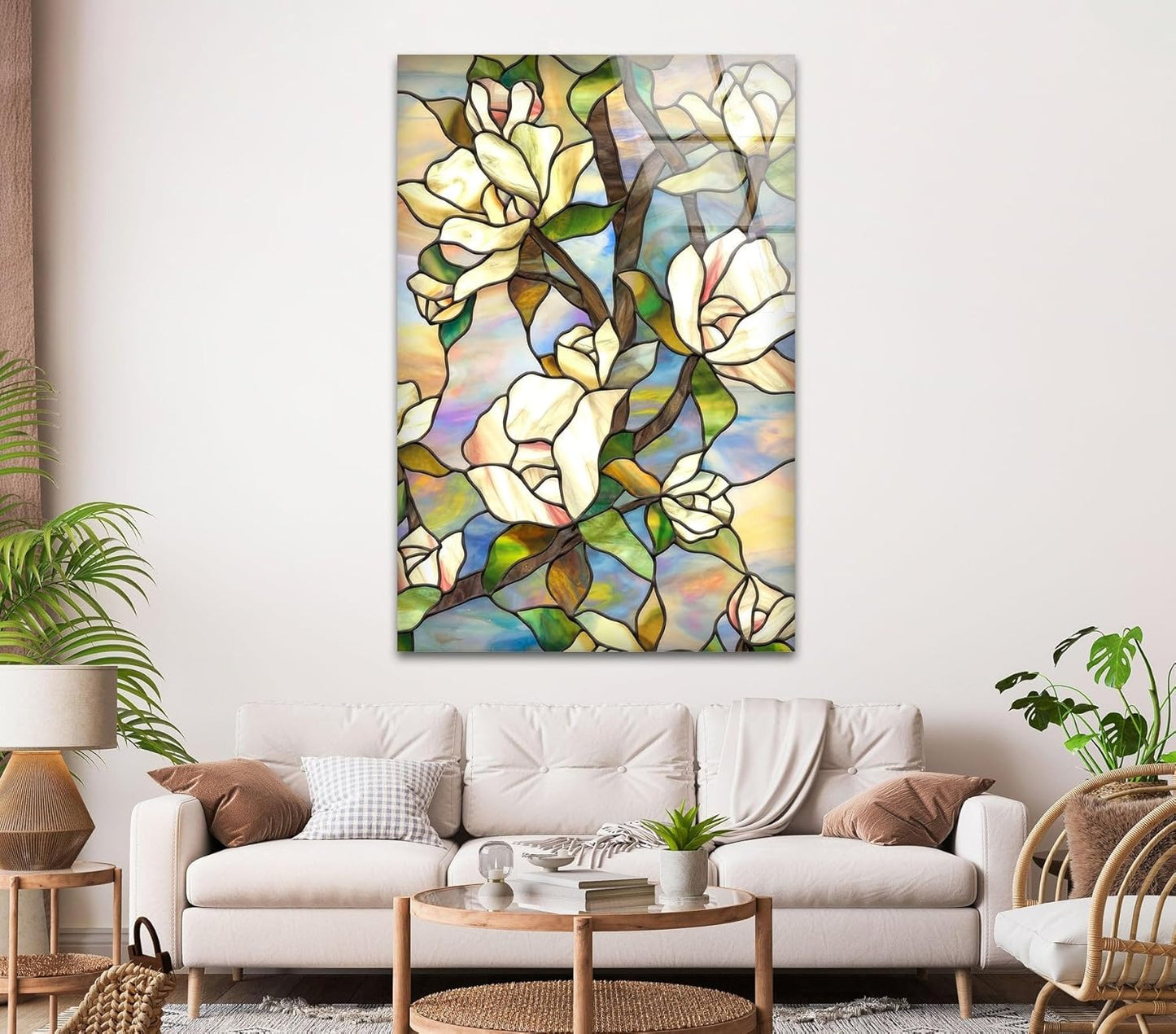My Photostation.com 32Wx48H'' Stained Magnolia Glass Wall Art Tempered Glass Printing Wall Decor Large Wall Art Wall Hangings
