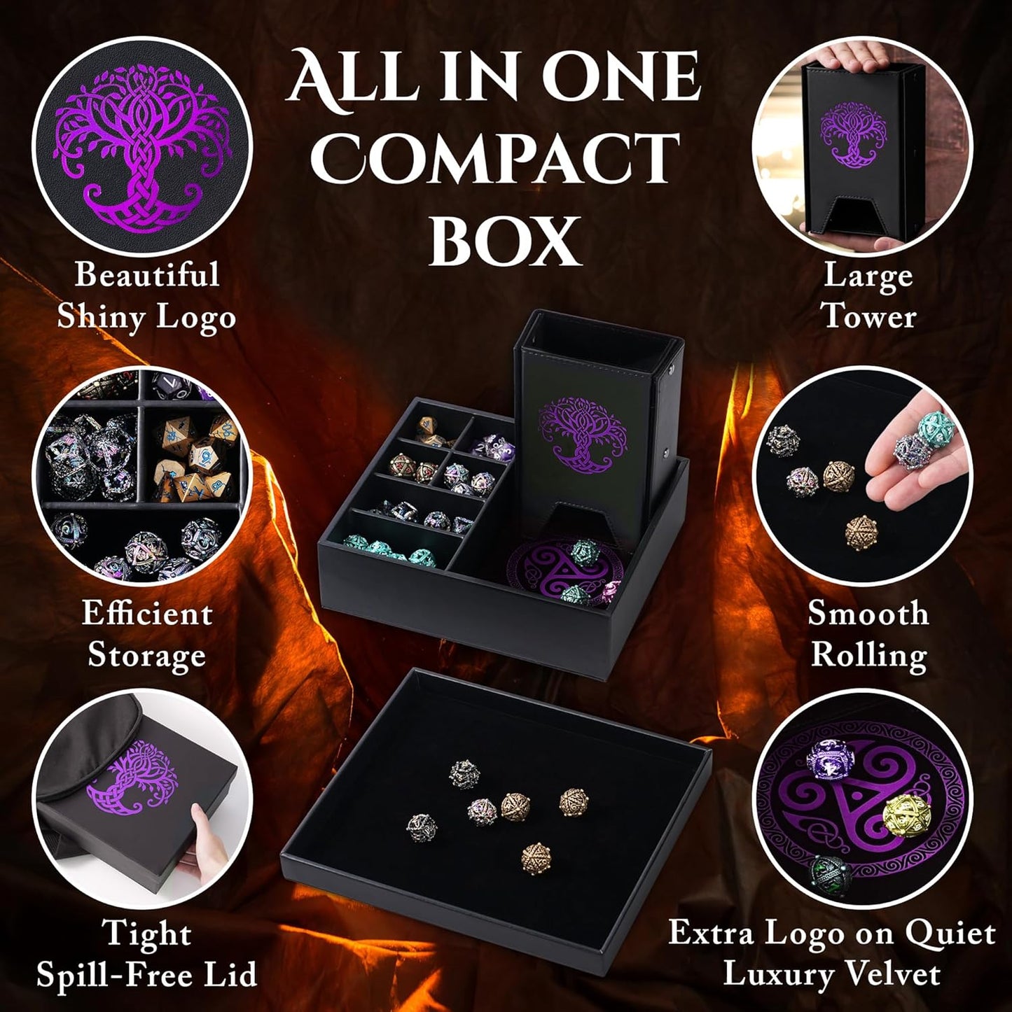 Dice Tray and Dice Tower for DND and RPG - All-in-One Game Roamer Tray & Large Tower for Random Rolls - Stores Your Sets, Mini's and More Compatible with D&D (Purple Tree)