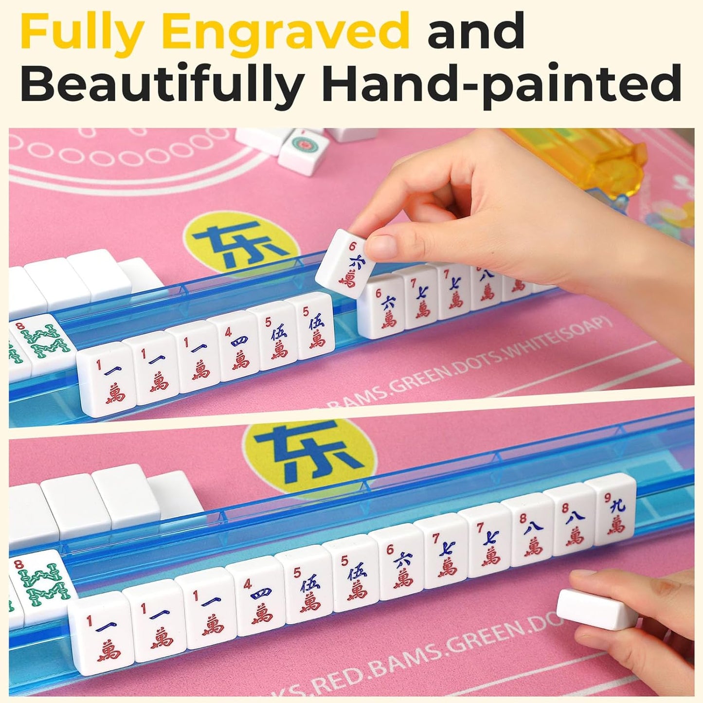 Mahjong Tile Set,166 White Tiles Mahjong Set,4PCS Mahjong Racks with Pushers,Travel Mahjong Set with Flower Carrying Bag