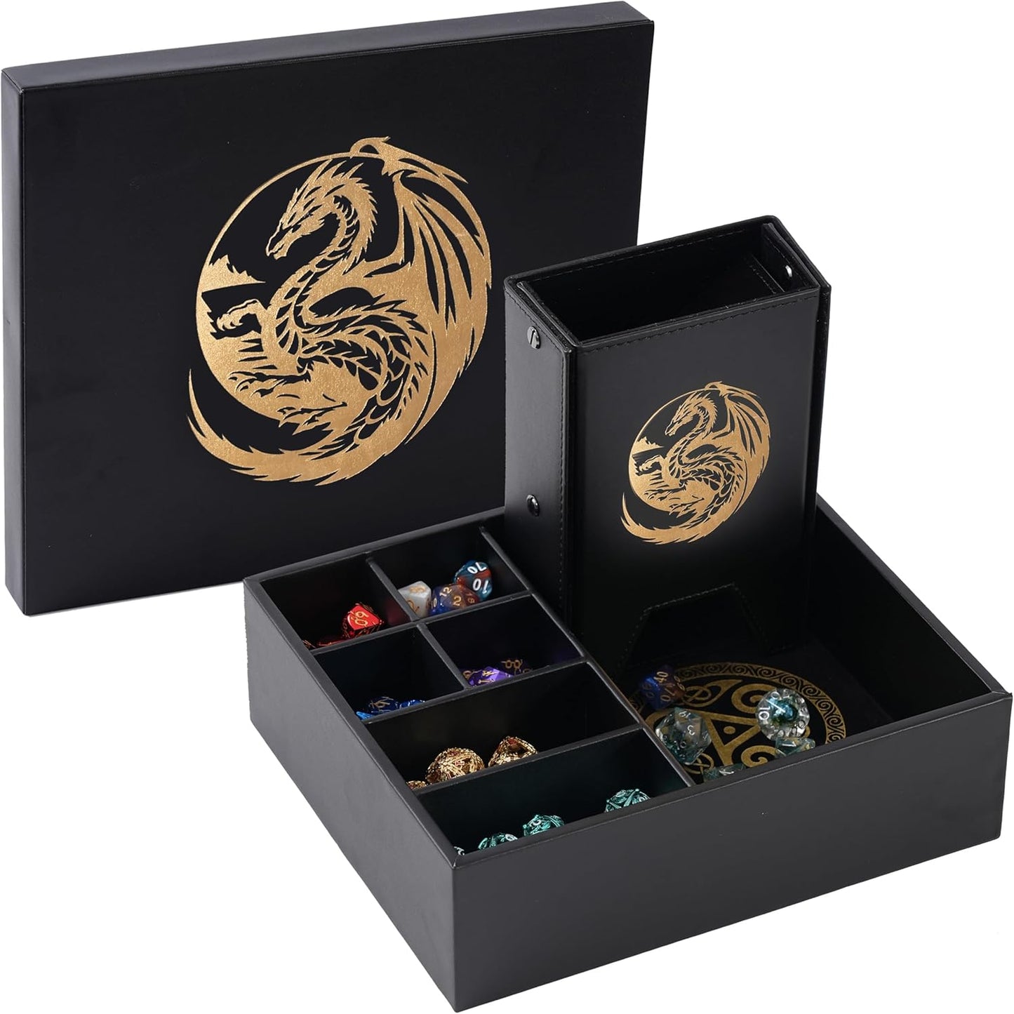 Dice Tray and Dice Tower for DND: All-in-One Tray, Storage & Large Tower for Random Rolls - Stores Your Sets, Mini's etc, Perfect for D&D and RPG Gift Accessories (Gold Dragon)