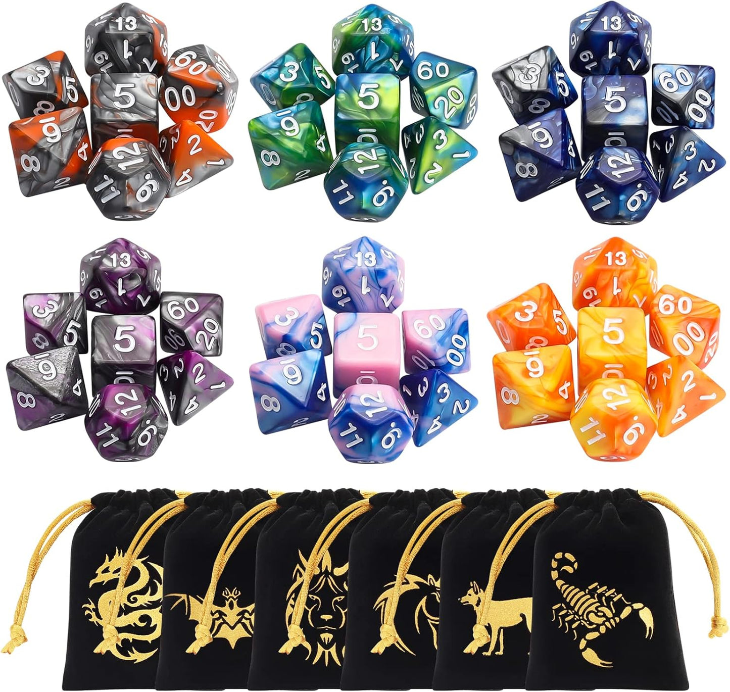 CiaraQ DND Polyhedral Dice Set (42pcs) with 6 Gold Pattern Drawstring Pouches for Dungeons and Dragons RPG MTG Table Games. 6 X 7 Double-Colors Dice Sets (D4 D6 D8 D10 D% D12 D20)