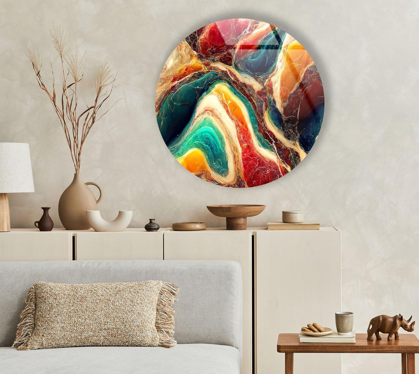 My Photostation.com 39,4''(100cm) Diameter Colorful Marble Swirl Round Wall Art Abstract Glass Decor with Earthy Tones & Gemstone Texture
