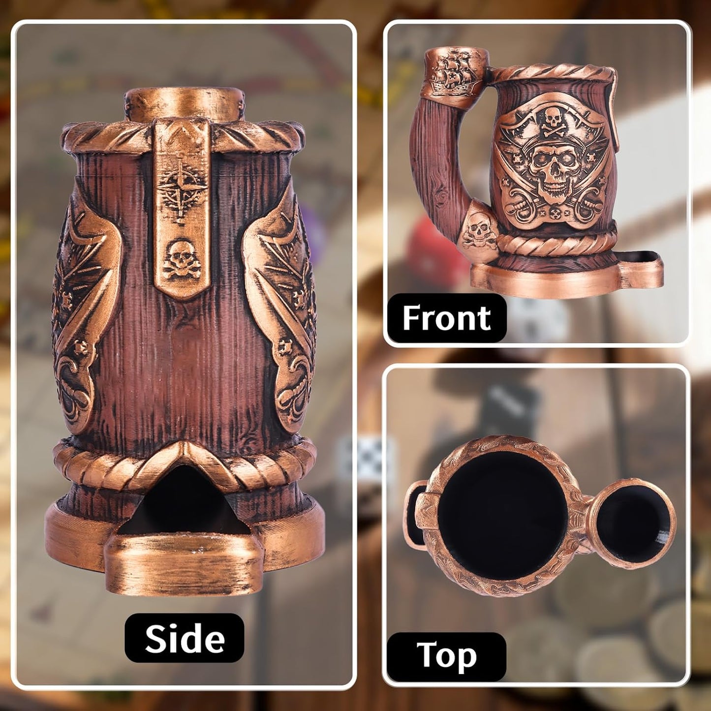 Dice Tower Mug, Dice Rolling Tower, Comes with 7 PCS Dice Set, Suitable for DND Dungeons and Dragons, Tabletop Games, Available As Drink Holder, D&D Gifts, DND Accessories (Wooden Skull)