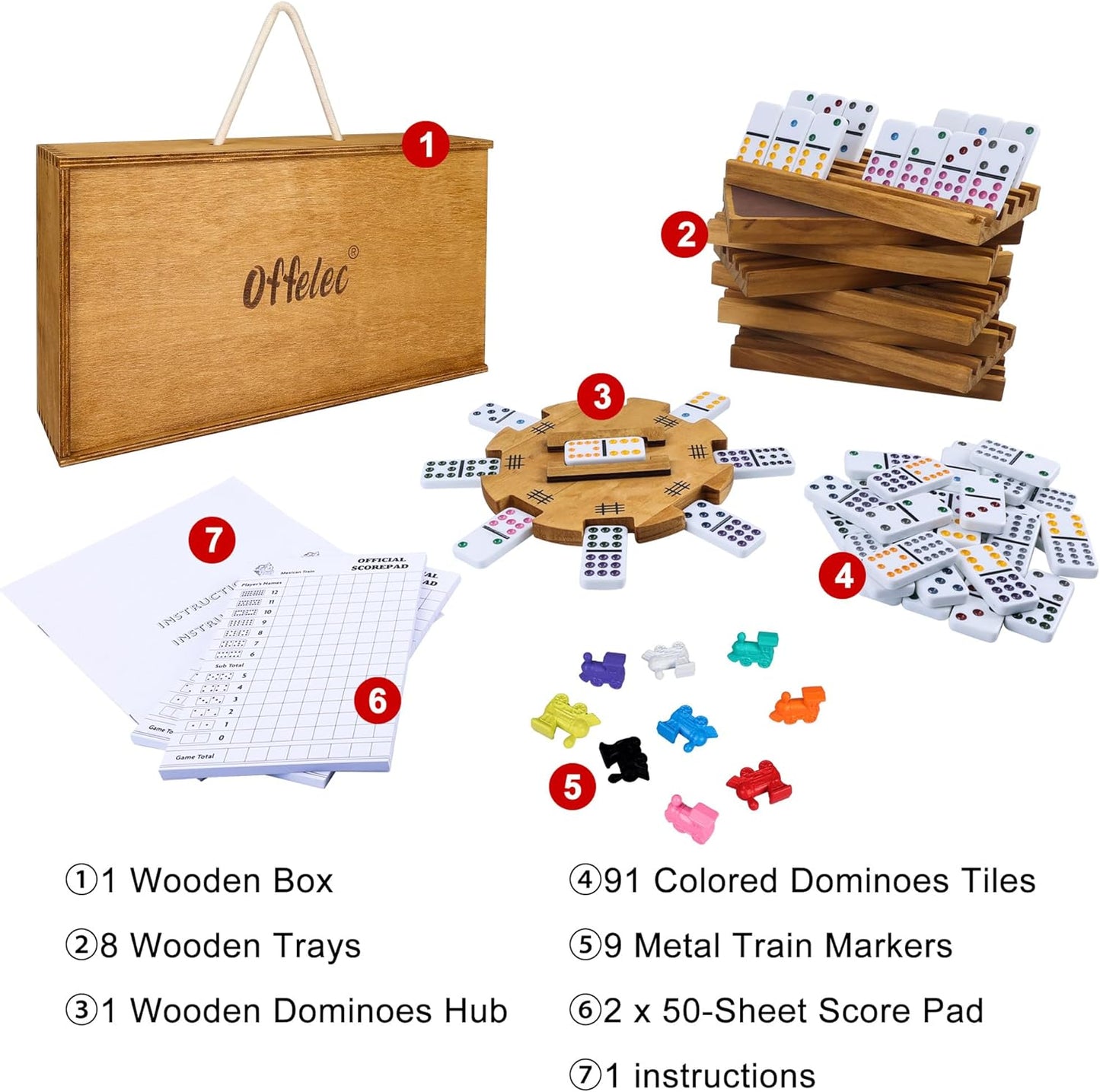 Mexican Train Dominoes Set with 8 Holders, Double 12 Dominos Set for Adults, Mexican Dominoes Train for Kids and Family Game, Mexican Train Games with 91 Colored Tile Dominos and Wooden Box