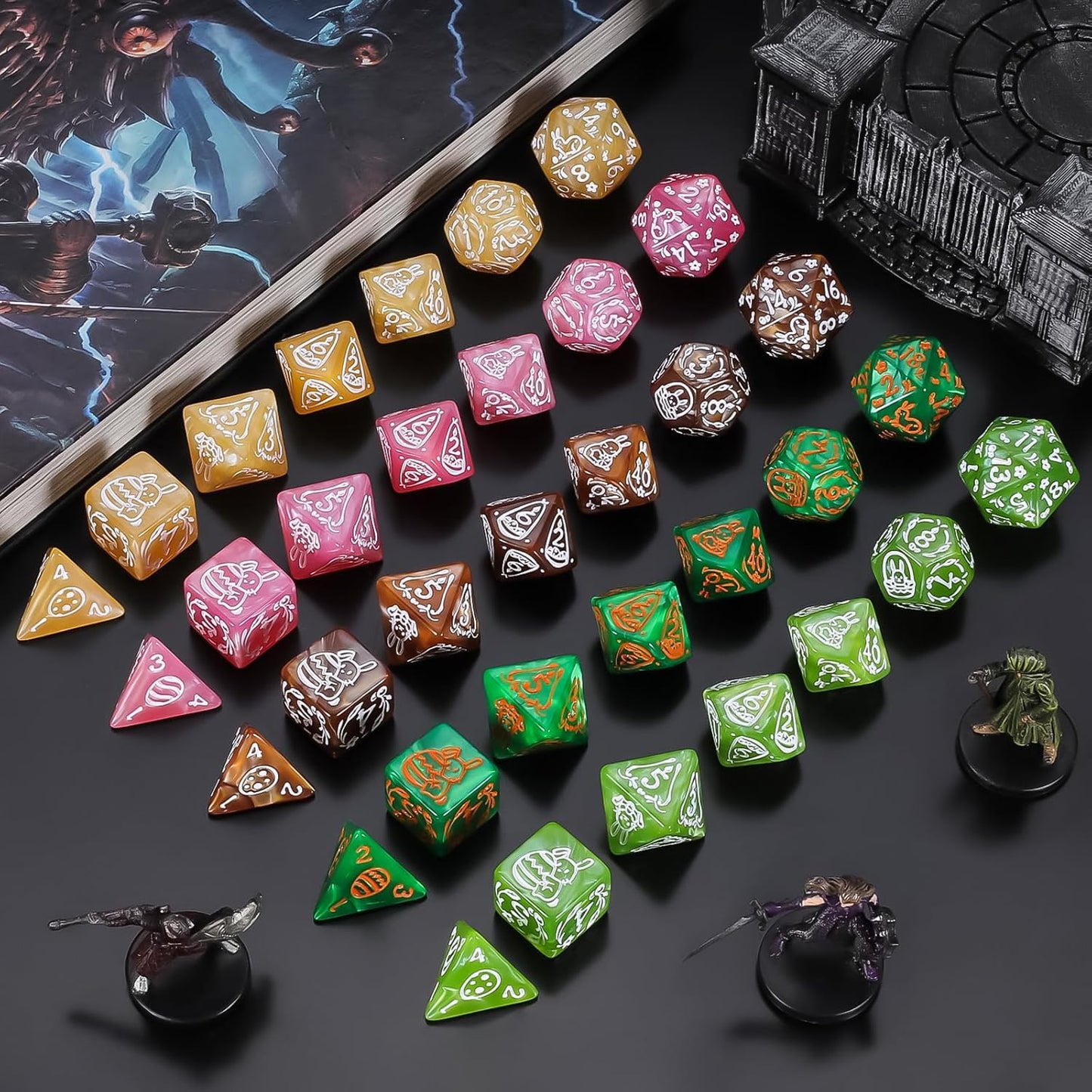 CiaraQ Polyhedral Dice Set, 5 Colors with 5 Decorative Pouches, 7 Pieces per Set, Fantasy RPG Gaming Dice/DND Dice/Role Playing Dice, Easter Themed