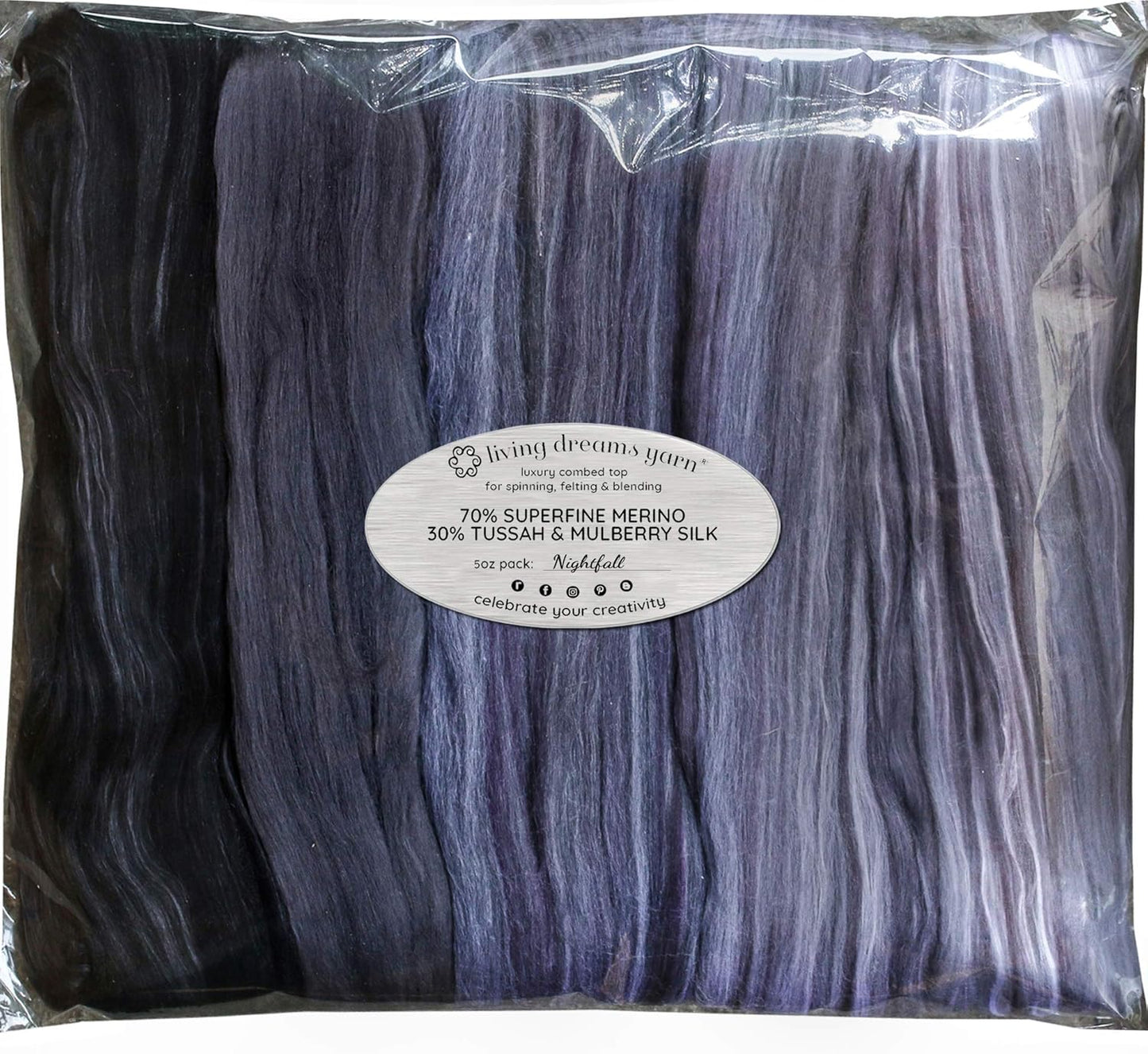 Merino Silk Luxe Tonal Designer Blend. Superfine Merino, Mulberry, Tussah Silk. Top Roving for Spinning or Felting. Nightfall 5oz
