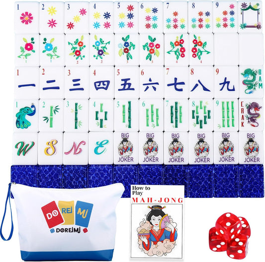 Original Design American Mahjong Tile Set with 160 Acrylic Blue Back Tiles, Upgraded American Style Mahjong Game with Portable Bag and 4 Dices, Classic Board Games for Family Night