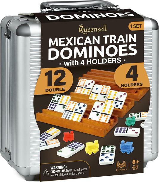 Mexican Train Dominoes Set with 4 Holders - Dominoes Double 12 with Wooden Hub and Tiles Holders - Double 12 Dominos Set for Family Game Night for Adults and Kids Ages 8 and up (D12 + 4 Holders)