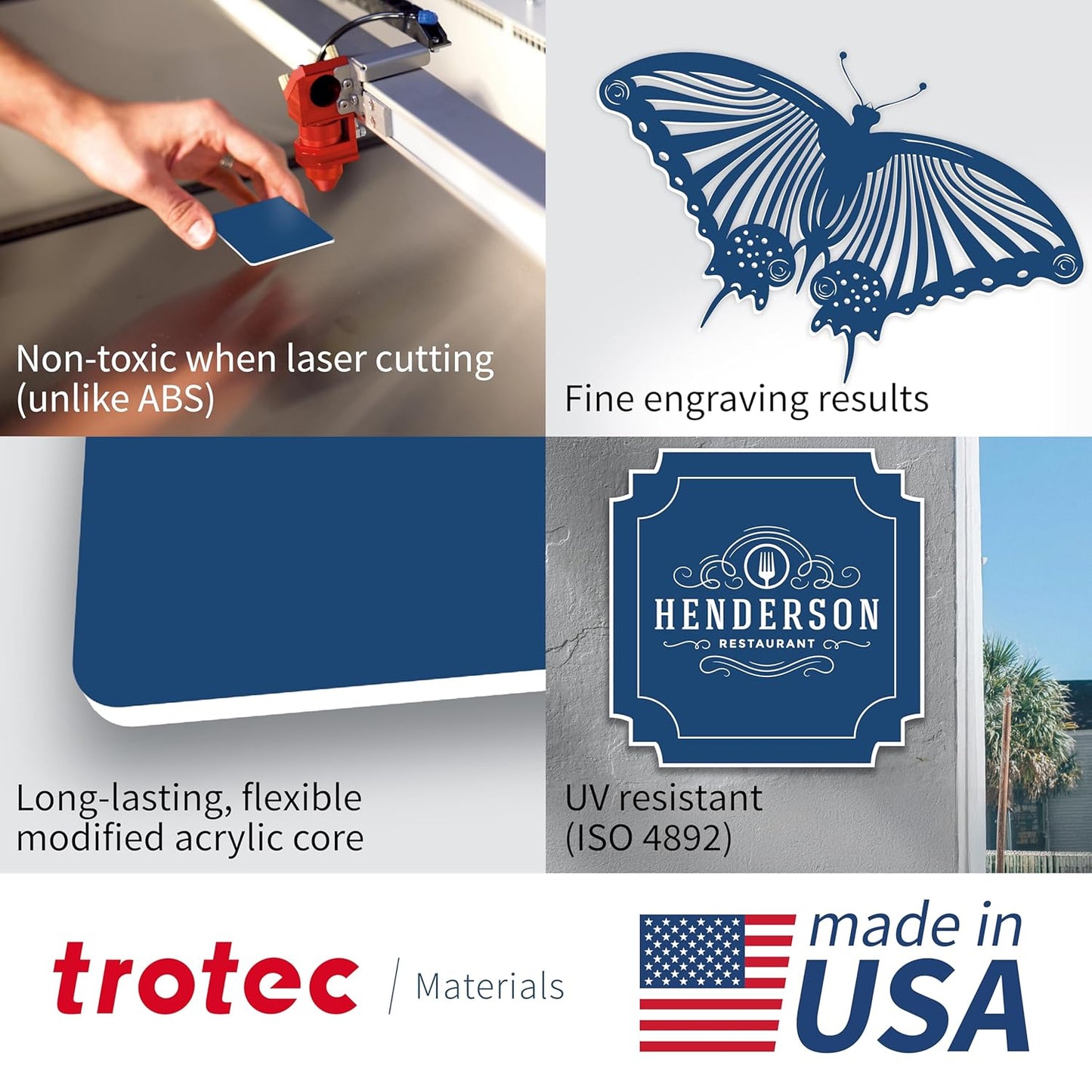 Trotec TroLase | 12"x12"x1/32", 8 Pcs | Sapphire/White | 2 Ply | Modified Acrylic | Laser Engraving Double Color Plastic Sheet | Engraving Blanks for Laser, Saw, Guillotine | Made in USA