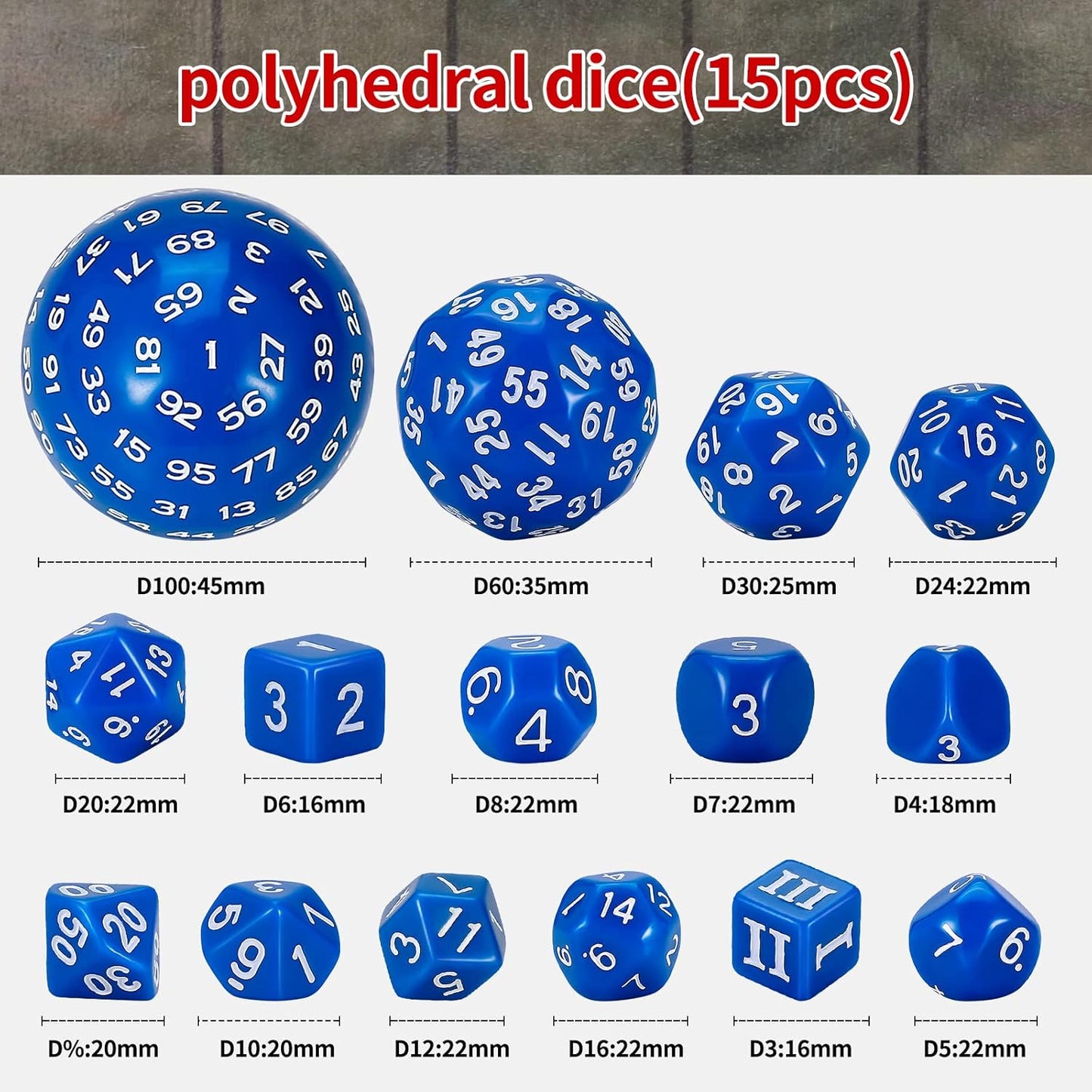 CiaraQ DND Polyhedral Dice Set (15pcs) D4-D100 Game Dice with Dice Bag for Dungeons and Dragons Role Playing Table Games (Blue & White)