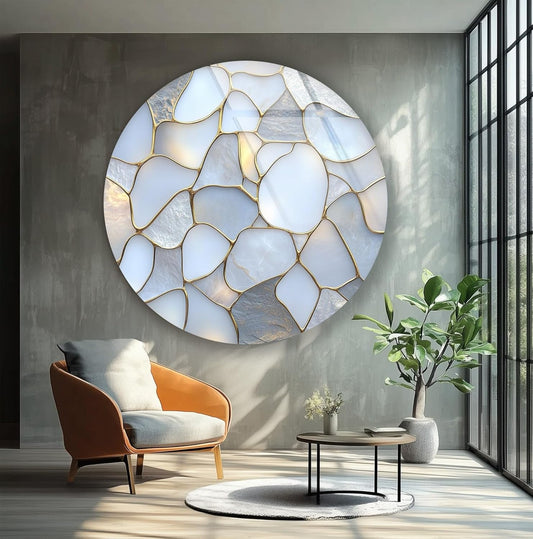 My Photostation.com 31.5''(80cm) Diameter White Stone Mosaic Round Glass Wall Art Tempered Glass Printing Wall Decor Large Wall Art Wall Hangings