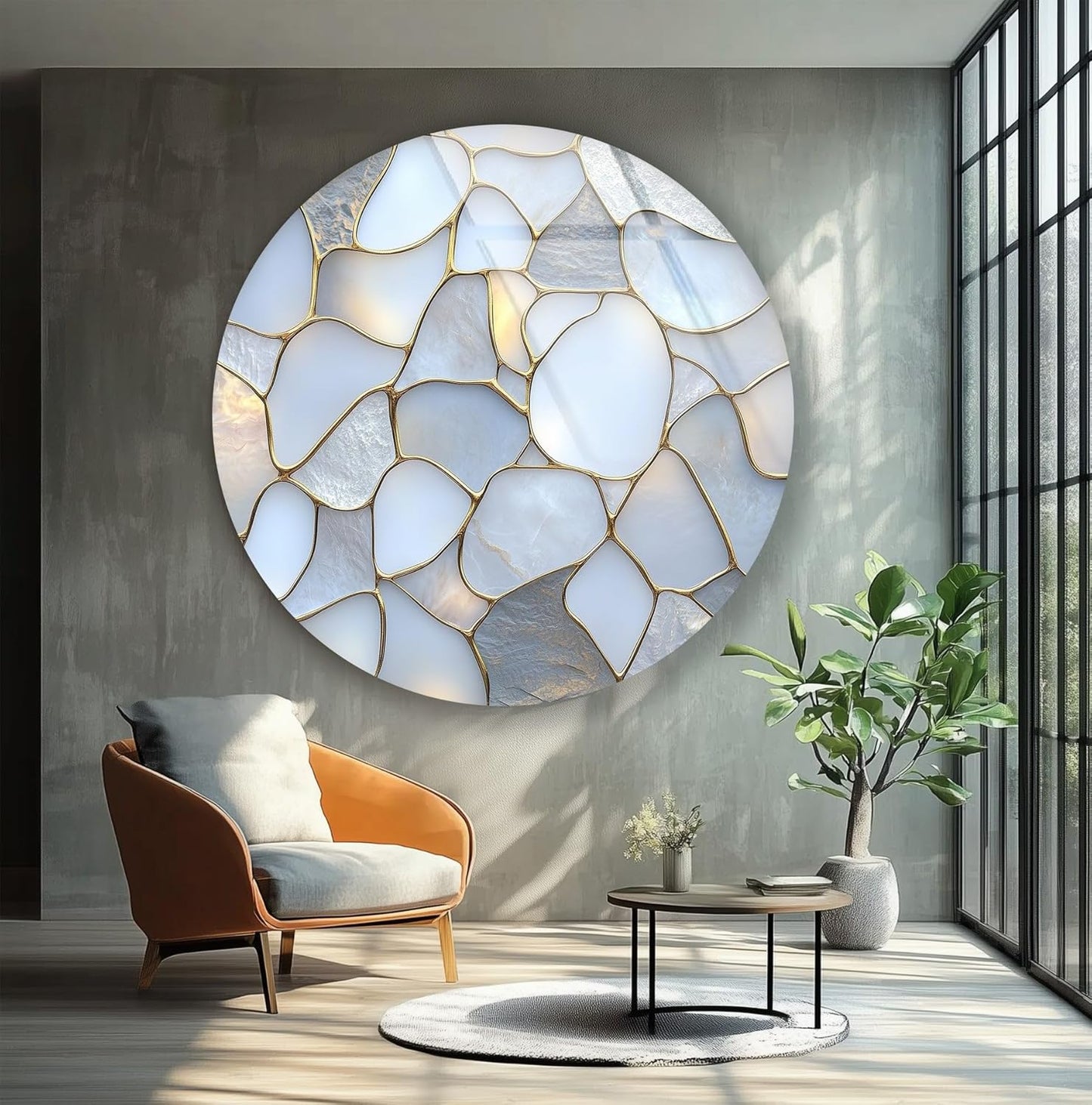 My Photostation.com 24''(60cm) Diameter White Stone Mosaic Round Glass Wall Art Tempered Glass Printing Wall Decor Large Wall Art Wall Hangings