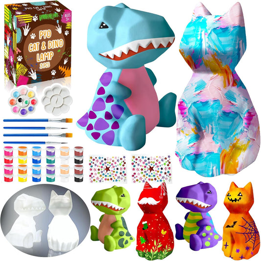 FUNZBO 2Pcs Paint Your Own Dinosaur & Cat Lamp - Halloweens Arts and Crafts Supplies Painting Kits for Kids Teen, DIY Night Light Toy for Toddler Girl Boy Age 3 4 5 6 7 8 9 10 11 12 13 + Birthday Gift