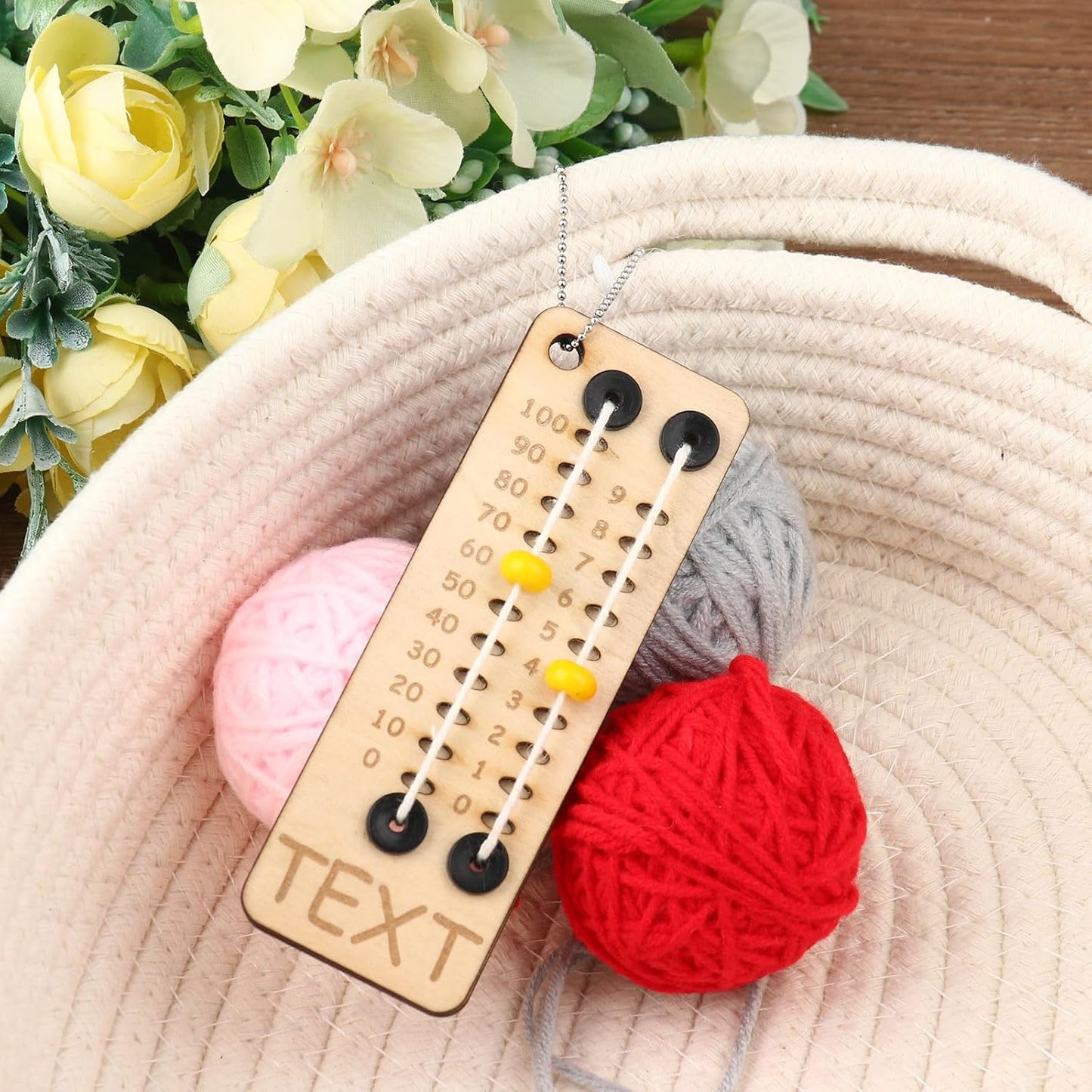 Personalized Multi-Color Beaded Wooden Sewing Row Counter with Name and Chain Knitting Tool Custom Wooden Knitting Row Counter Birthday Gift for Knitting Lovers
