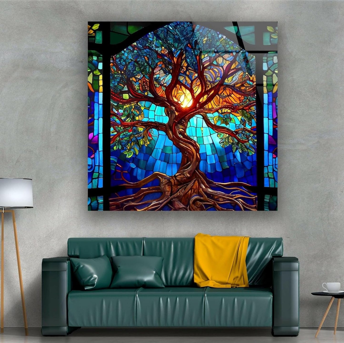 My Photostation.com 60WX40H'' Stained Blue Life of Tree Glass Wall ArtTempered Glass Printing Wall Decor Large Wall Art Wall Hangings