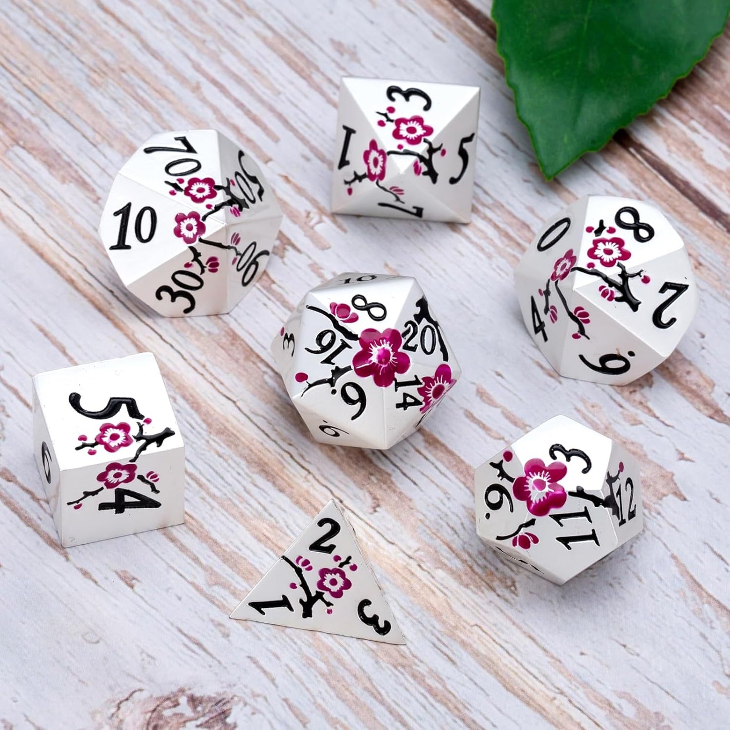 DND Metal Dice Set,7pcs Set Flower Metallic Dice Set with Box,RPG Polyhedral Dice for Table Game (Silver-Purple)