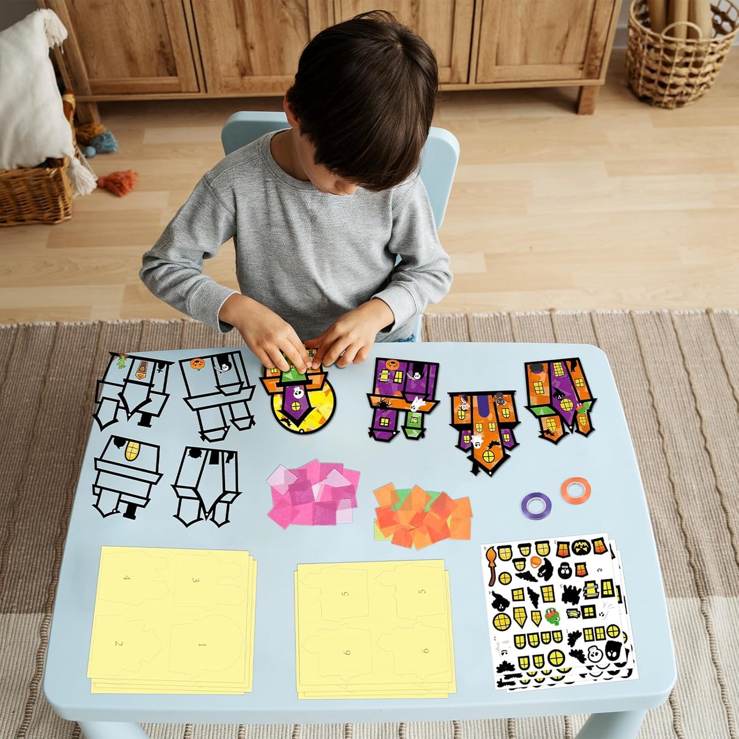 Renbuzhu 36PCS Halloweens Crafts Bulk: Haunted House Paper Suncatchers DIY Kit Party Activities Decorations, Window Stained Glass Effect Art Supplies