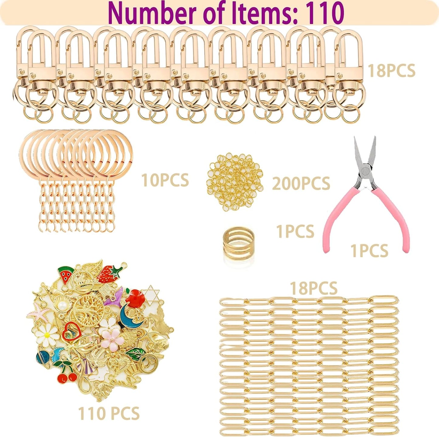 MORWLAT 281 PCS Gold DIY Keychain Making Kit Cute Bag Charm Kit 60 Charms 8 Keychain Clips with Key Ring Swivel Snap Hook Lobster Claw Clasps 200 Jump Ring Jewelry Plier DIY Set Women Craft (60)