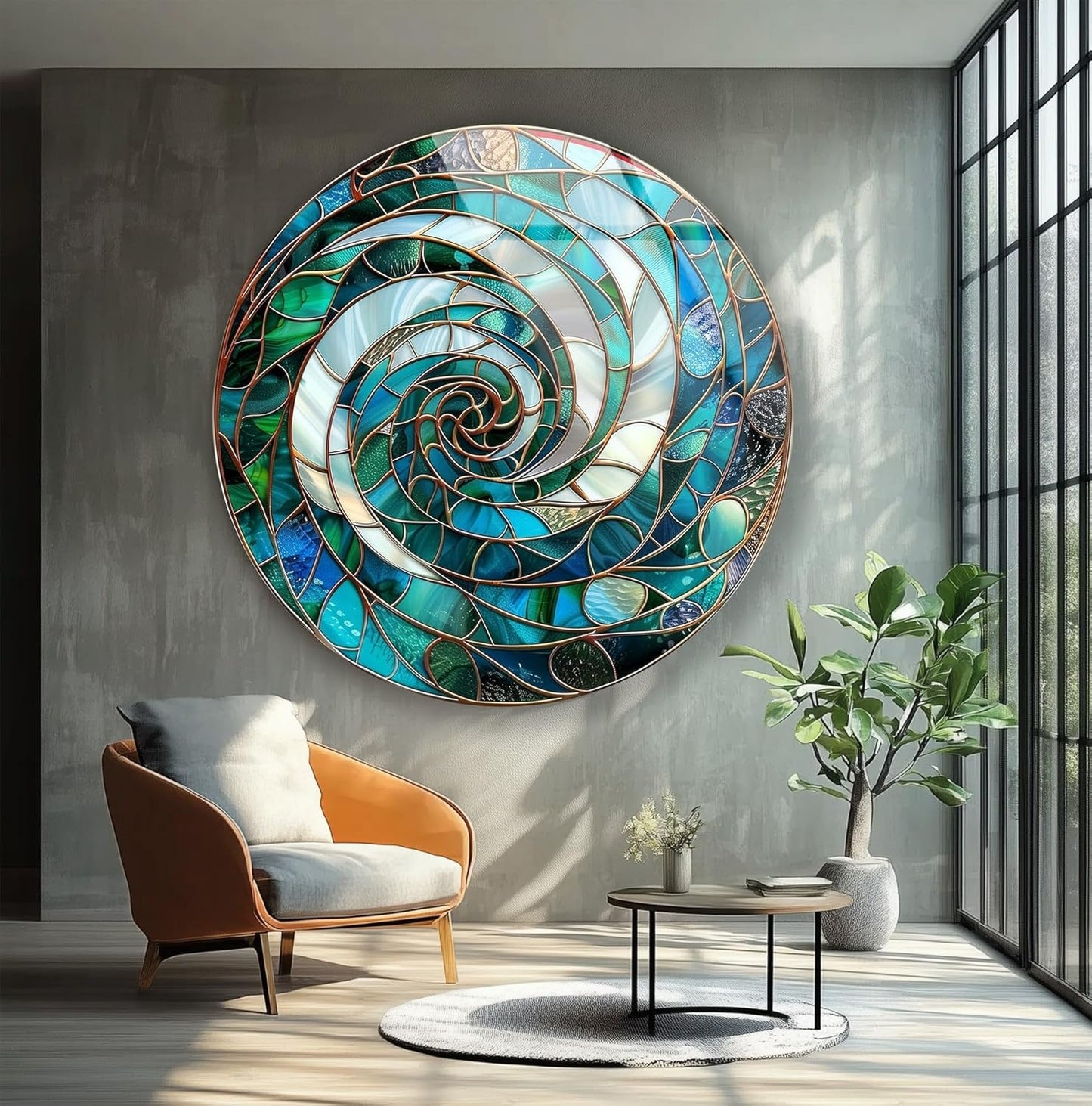 My Photostation.com 24''(60cm) Diameter Aqua Spiral Harmony Round Glass Wall Art Tempered Glass Printing Wall Decor Large Wall Art Wall Hangings