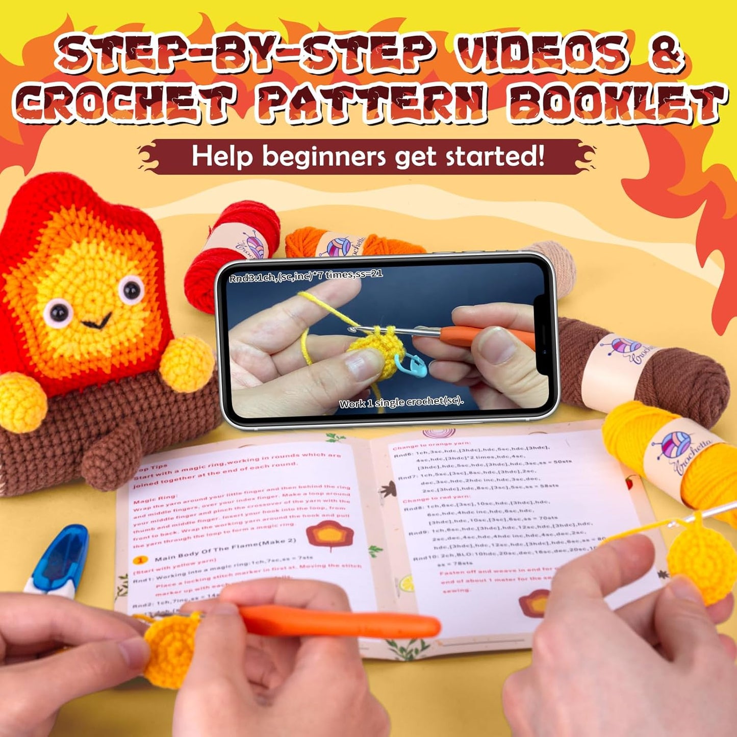 Crochetta Crochet Kit for Beginners, Crochet Starter Kit w Step-by-Step Video Tutorials, Beginner Crochet Kit for Adults Kids Women Men Complete Kit Included (Cute Crochet Flame Spirit)