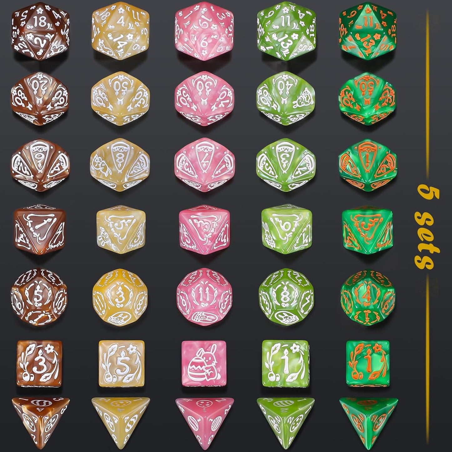 CiaraQ Polyhedral Dice Set, 5 Colors with 5 Decorative Pouches, 7 Pieces per Set, Fantasy RPG Gaming Dice/DND Dice/Role Playing Dice, Easter Themed