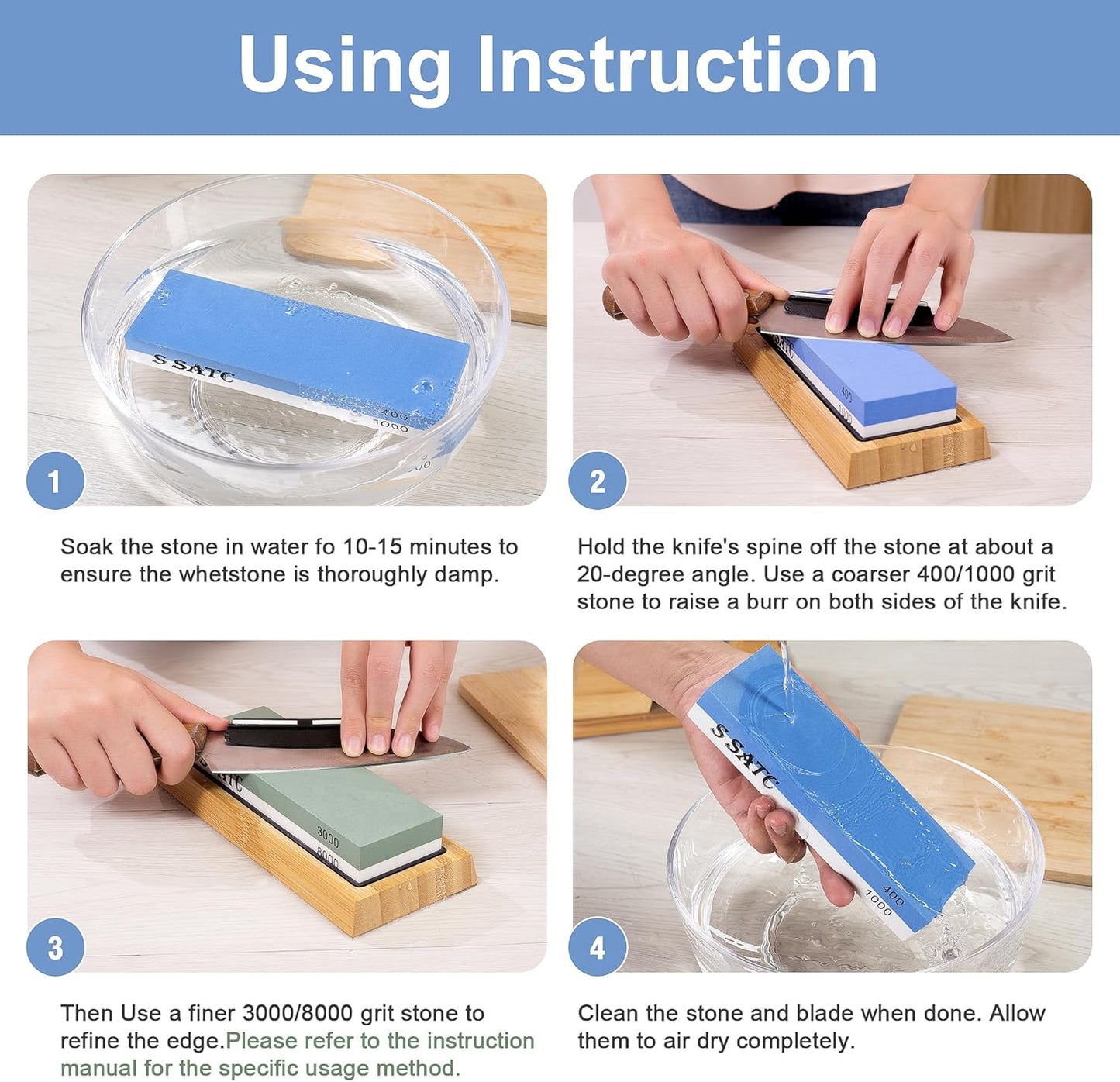 S SATC Knife Sharpening Stone Whetstone 4 Side Grit 400/1000 3000/8000 Stone Knife Sharpeners with Nonslip Rubber Bases, Wood Base, Flattening Stone, and Leather Strop