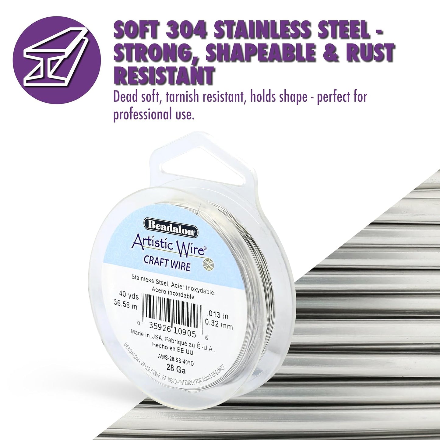 Artistic Wire, 24 Gauge / .51 mm Stainless Steel Craft Wire, Round Twist, 10 yd / 9.14 m