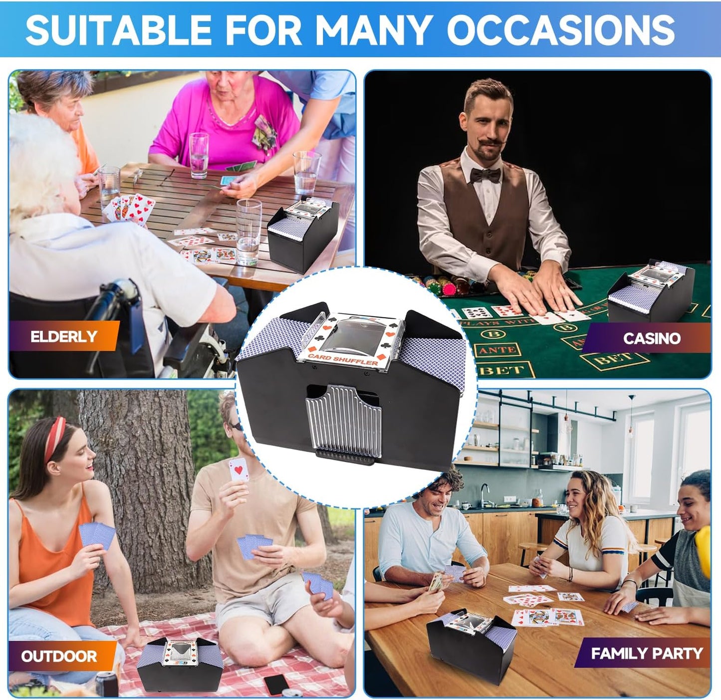 GSE Games & Sports Expert 4-Deck Automatic Card Shuffler, AC/DC-Power & Battery-Operated Shuffler Machines for Playing Cards, Blackjack, Texas Hold'em, Canasta, Bridge, Rummy, UNO