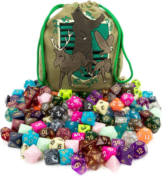 Wiz Dice DND Dice Set - 140 Pieces Total (20 Sets of 7 Dice in Unique Colors) & Storage D&D Dice Bag-Polyhedral Role Playing Dice - Perfect DND Accessories for TTRPG Dice Games - Bag of Tricks