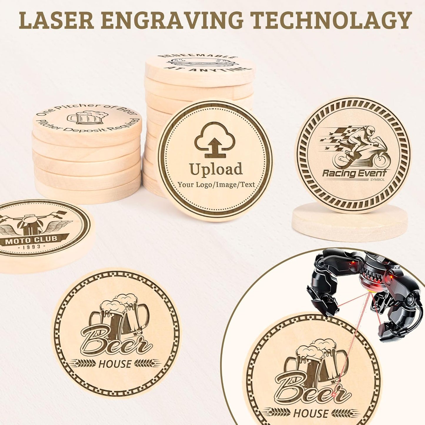 30 Custom Wooden Round Drink Tokens – Double-Sided Laser Engraved Bar Tokens, Poker Chips, Drink Tickets with Your Logo & Text – Personalized for Wedding, Party, Festival, Corporate Events