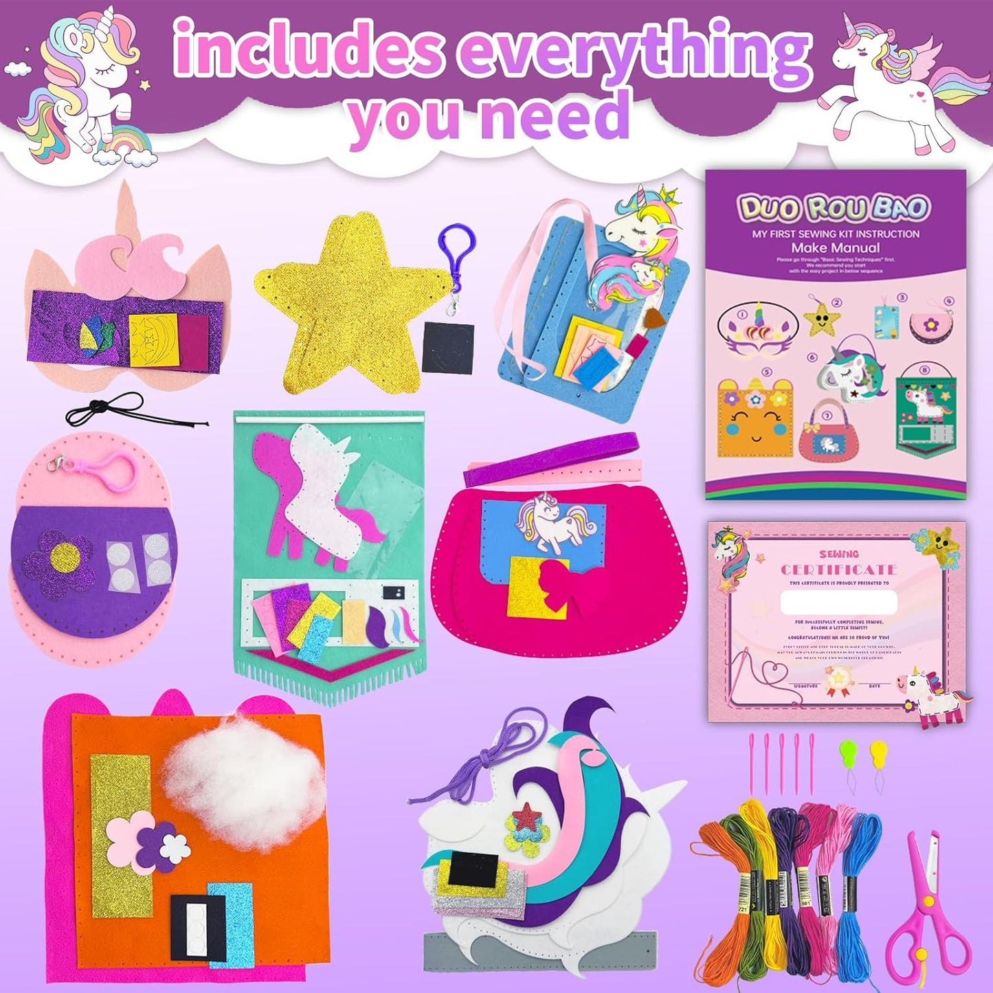DUOROUBAO 8-in-1 Sewing Kit for Kids, Unicorn Kids Sewing Kits for Ages 5-10 Girls Beginner Easy to Do Craft Kits No Mess with Full Instructions My First Sewing Kit Birthday Christmas Gift for Girl