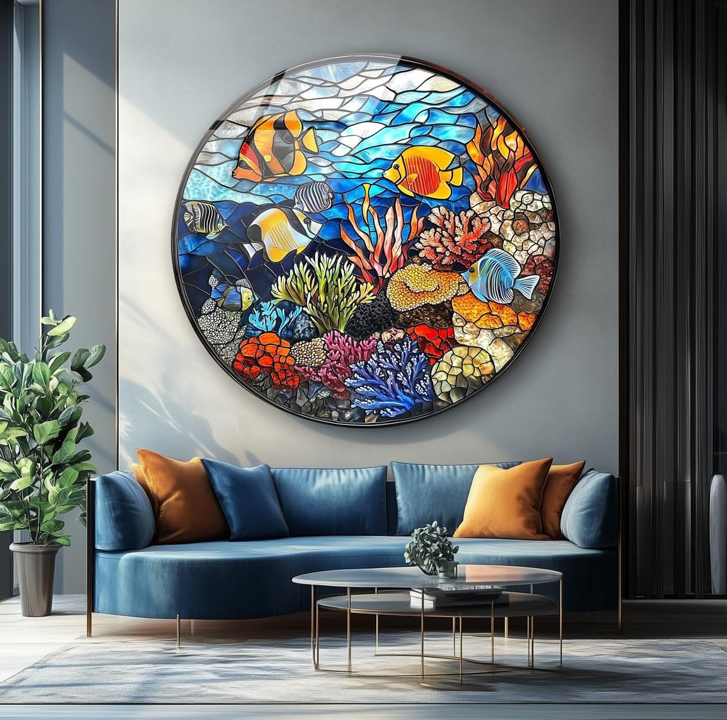 My Photostation.com 24''(60cm) Diameter Coral Reef Mosaic Round Glass Wall Art Tempered Glass Printing Wall Decor Large Wall Art Wall Hangings