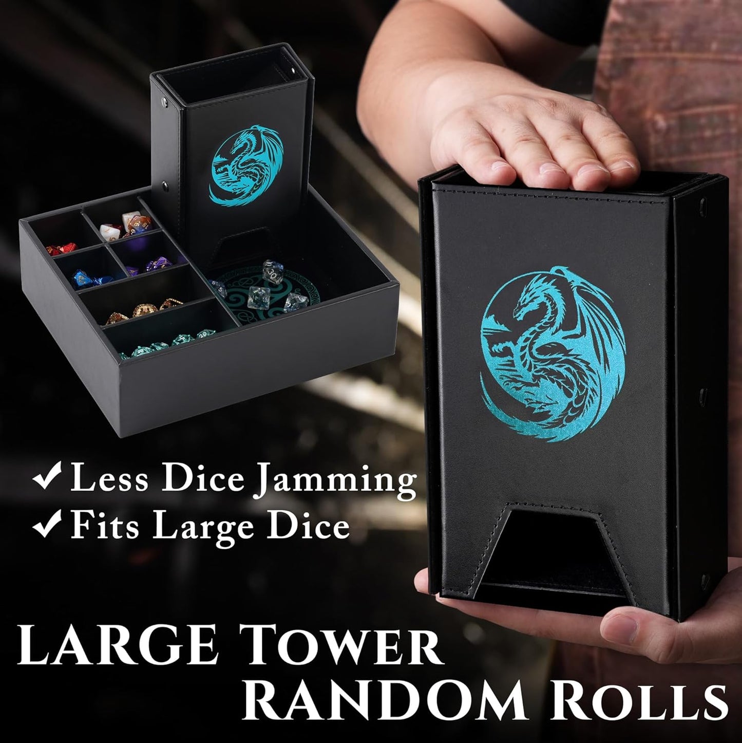 Soar Forge Dice Tray and Dice Tower for DND and RPG - All-in-One Game Roamer Tray & Large Tower for Random Rolls - Stores Your Sets, Mini's and More Compatible with D&D (Blue Dragon)