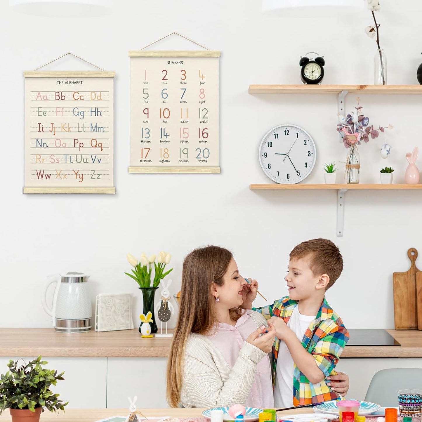 BONETAT Numbers alphabet poster for Nursery Toddlers, Play Room Wall Decor, ABC Wall Chart, Wall Hanging Decor for Toddler Playroom Decor Kids Wall Decor, Wooden Frame Alphabet Banner-A12